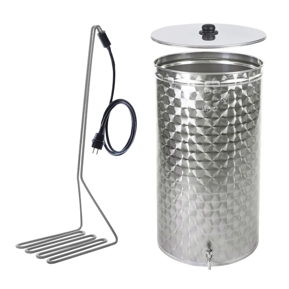 Pastöriseringspaket med doppvärmare med svart elkabel samt tank i rostfritt stål med lock