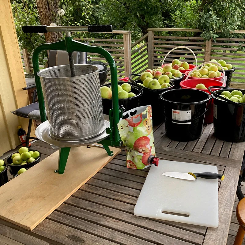  Original-hedelmäpuristin on sijoitettu pöydälle yhdessä omenilla täytettyjen ämpärien kanssa