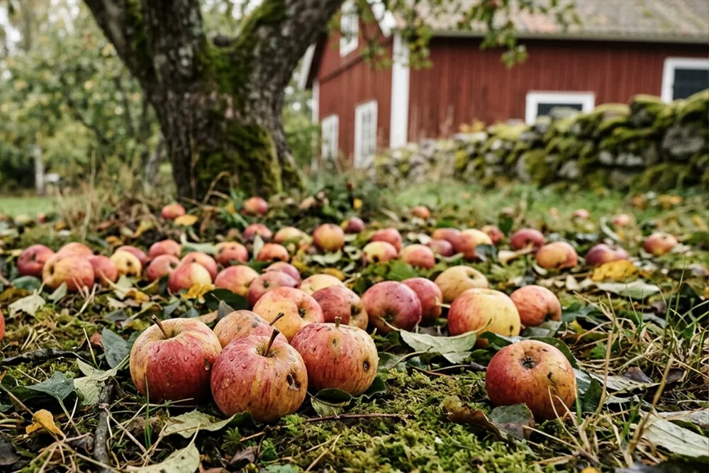 Modne nedfaldsæbler på jorden klar til at blive samlet op.