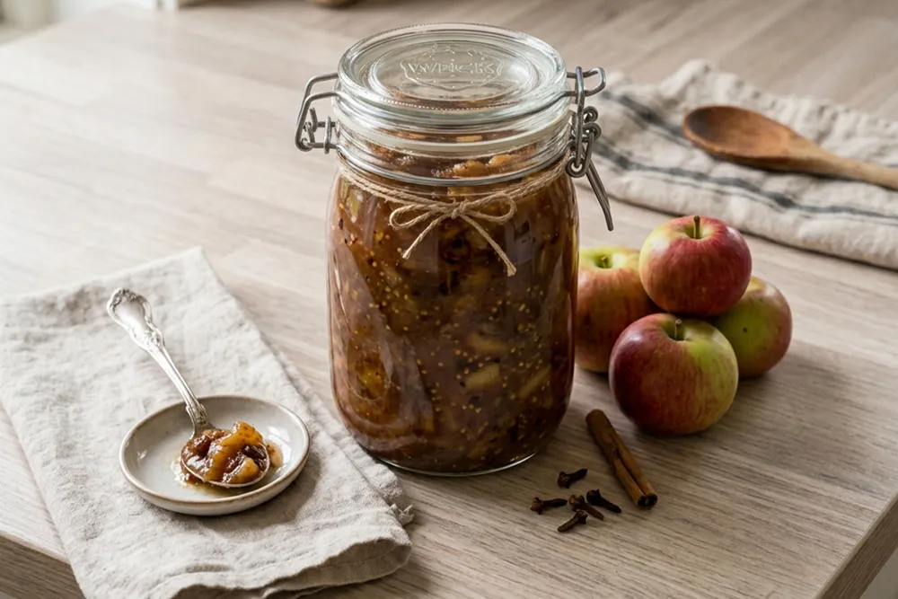 Et stort glass med eplechutney laget med epler og kanel.