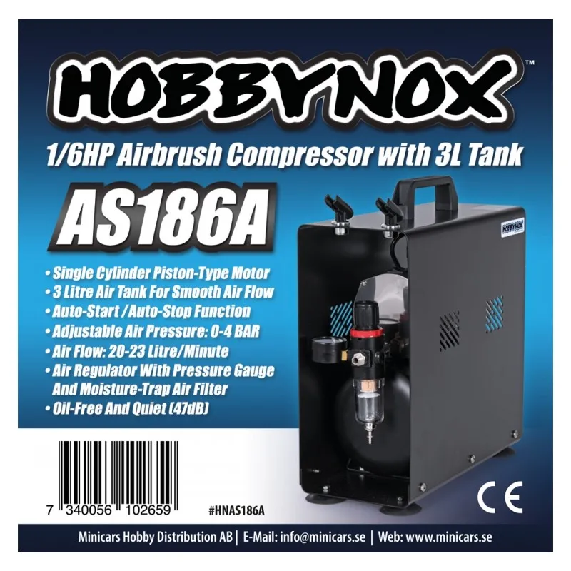 Airbrush Kompressor 1/6HP med 3L Tank (0-4BAR) - 3