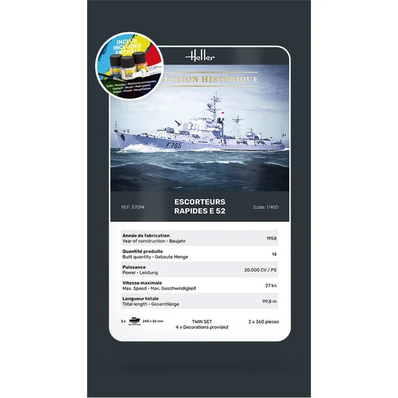 1/400 Escorteurs Rapides E 52 Collection Historique COMPLETE with glue, paint and brush.Exk fraktkostnad/l shipping cost - 2