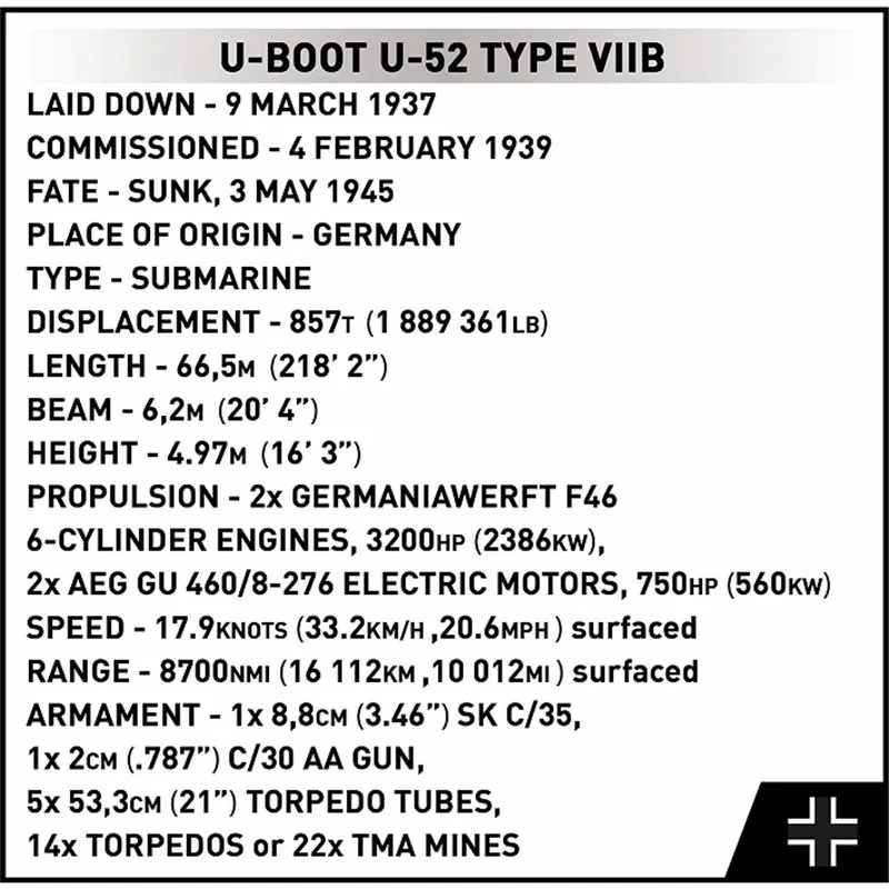 SUBMARINE VIIB U-BOAT U52, 470 PCS HC WWII - 12