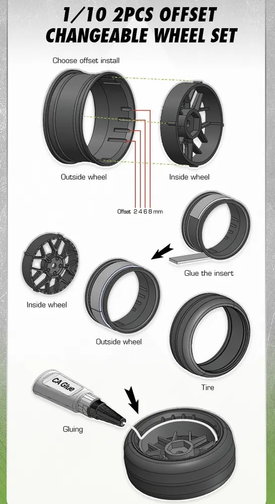 Däck & Fälg Drift / 5-Eker Matt Silver (2,4,6,8mm Offset) 12mm Hex (4) - 3