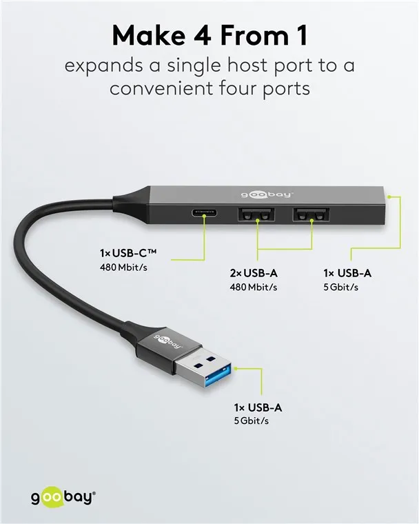 Goobay Essential 4-port USB-hubb – USB-A till 3x USB-A + USB-C - 4