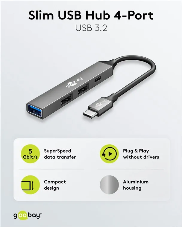 Slim 4-Port USB Hub, USB-C™ till USB-C™/USB-A, 5 Gbit/s - 2