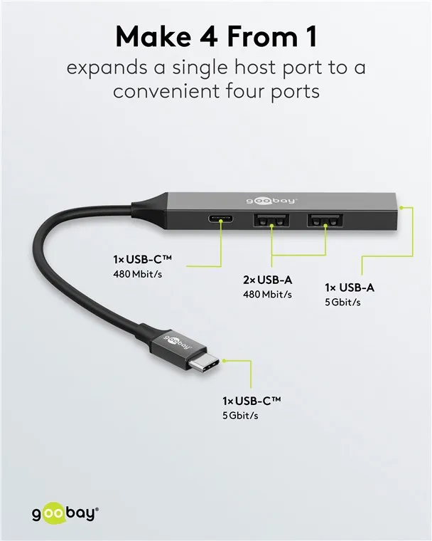 Slim 4-Port USB Hub, USB-C™ till USB-C™/USB-A, 5 Gbit/s - 3