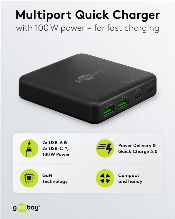 USB-C PD GaN Multiport Desktop Charger (100 W) Svart