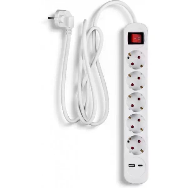 Fuj:tech 7-delad grendosa med strömbrytare, 1,5 m, Vit