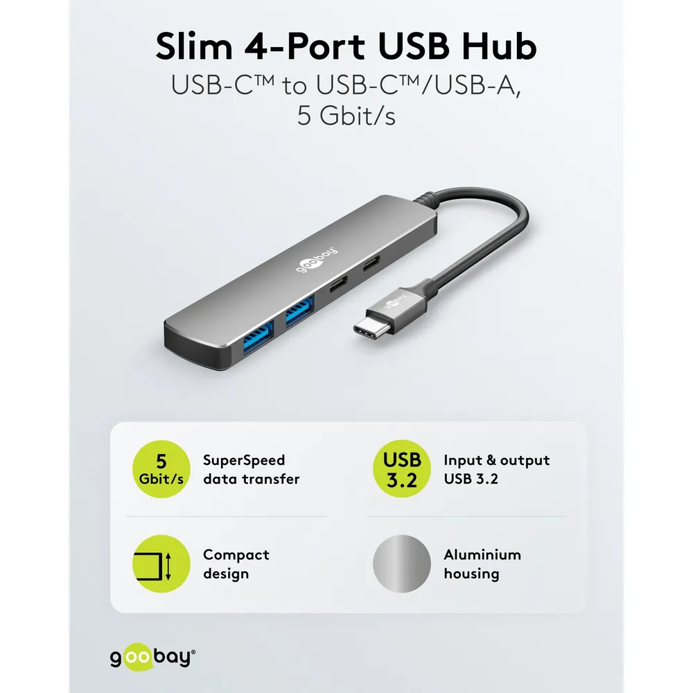 Goobay Advanced 4-port USB-C-hubb – 2x USB-C + 2x USB-A, 5 Gbit/s