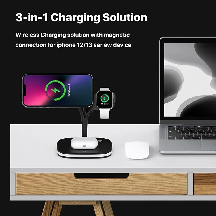5-i-1 Magnetisk Trådlös Laddstation 15W med Klocka & Nattlampa Vit - 4