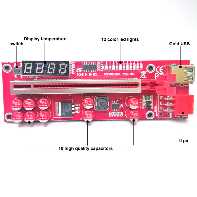 PCI-E Riser 013 Pro Temperatur display, USB 3.0, 60cm Kabel