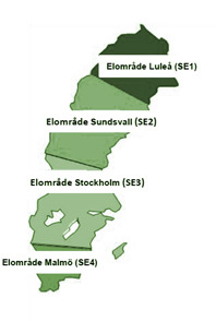 En karta över Sveriges olika Elområden som Alvesta Energi ansvarar för.