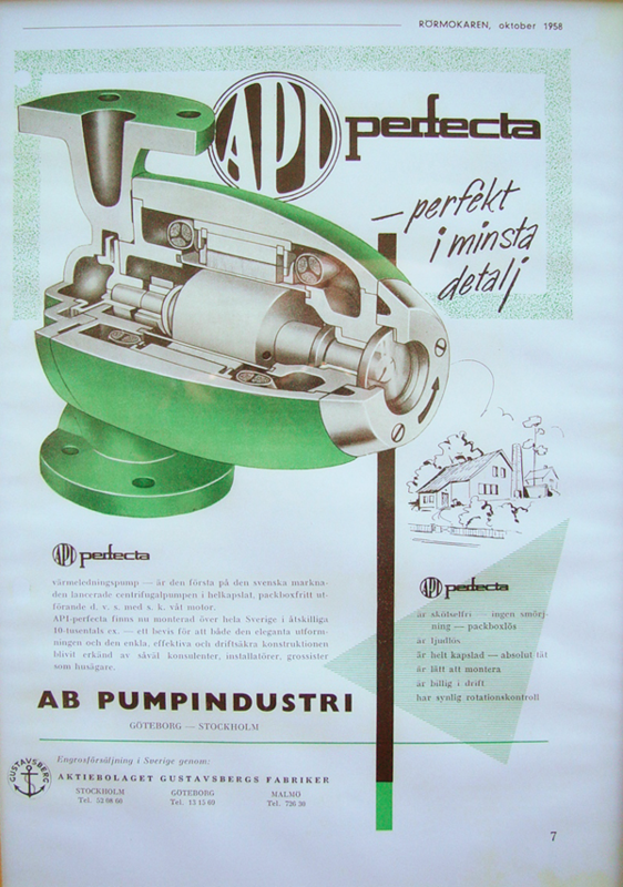 Bilden föreställer en äldre Perfecta-annons från 1958 som beskriver en värmeledningspump med så kallad våt motor.