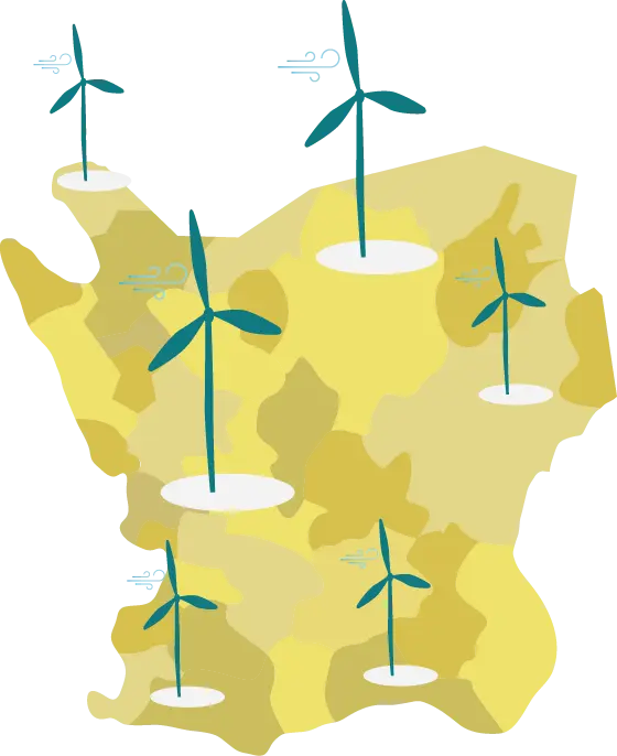 Illustration: karta över Skåne med vindkraftverk på.