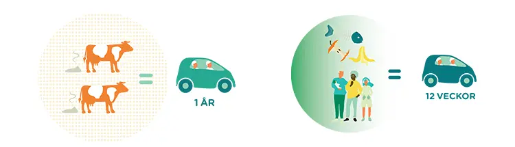 Illustration som visar två kor och en biogasbild, och en familj med två barn och en biogasbil.