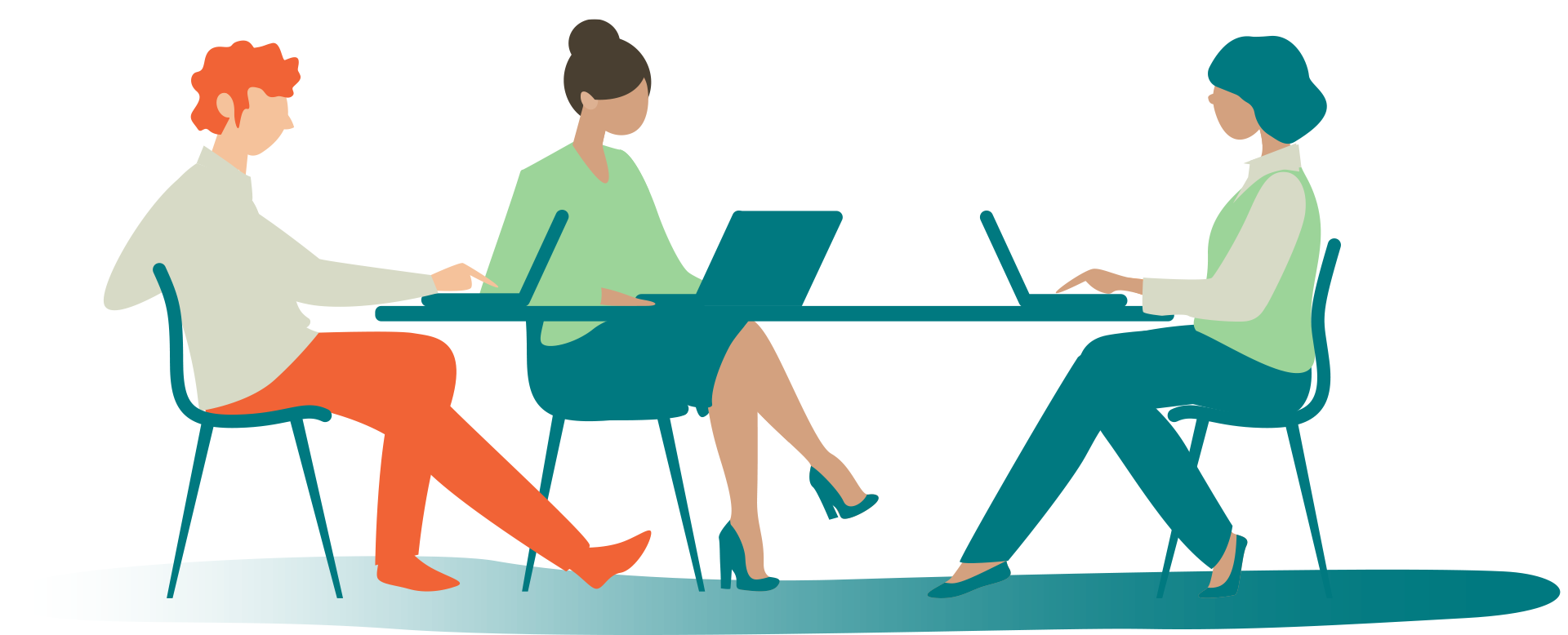 Illustration: tre personer sitter vid ett bord med laptops.