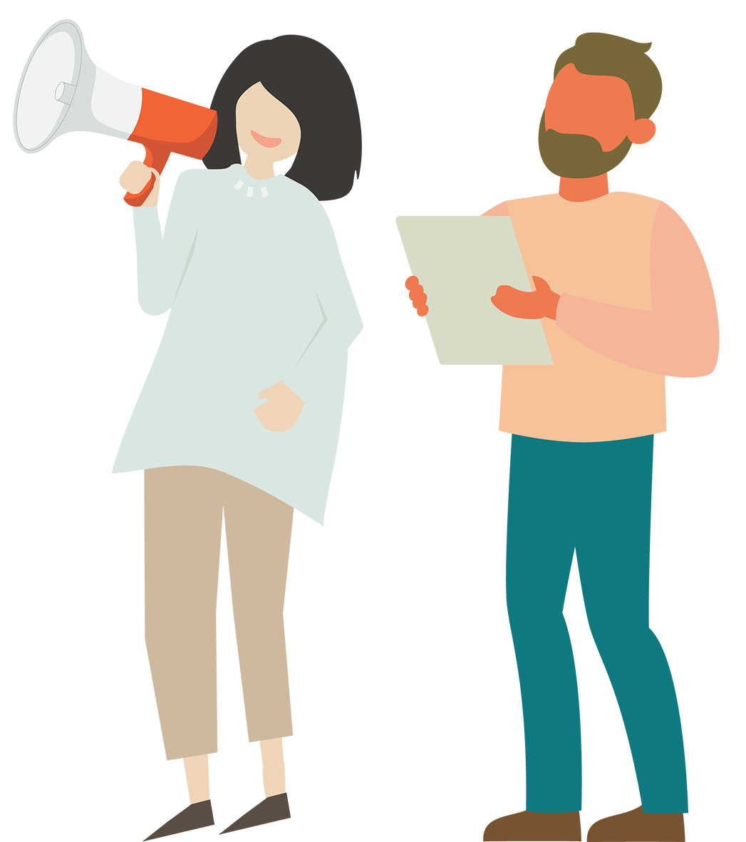 Illustration: kvinna med en megafon och en man med ett papper i händerna.