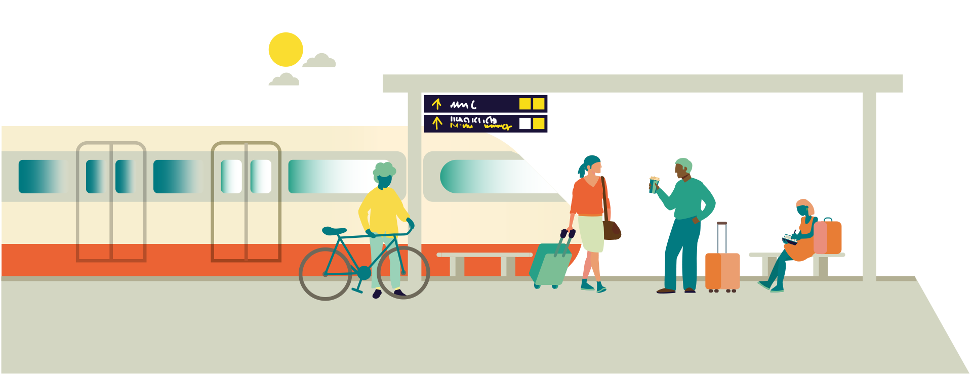 Illustration: resenärer vid en tågstation.