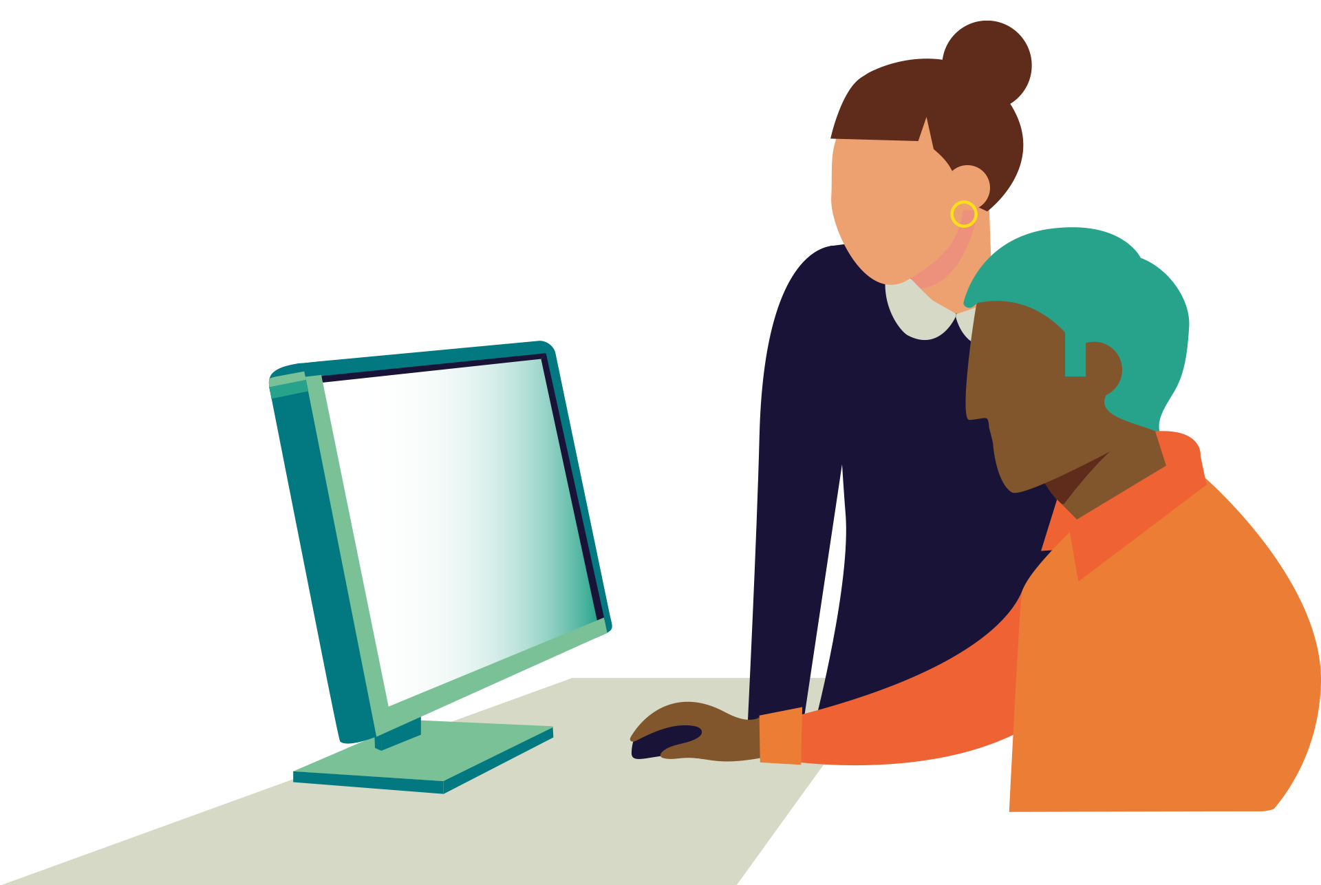 Illustration: en man och en kvinna som tittar på en datorskärm.