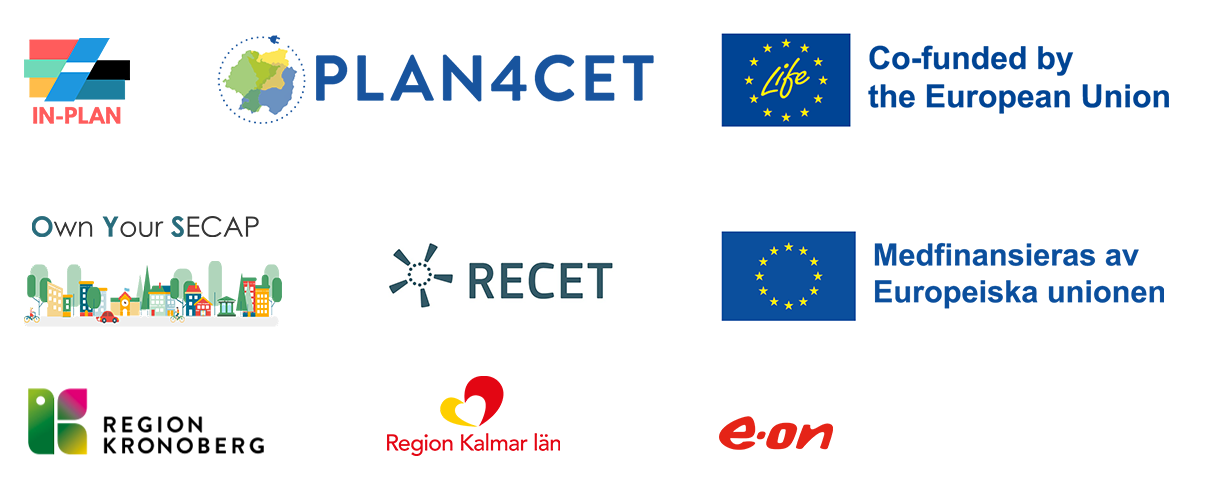 Logotyper: Inplan, Plan4Cet, LIFE, Own Your Secap, Recet, Europeiska unionen, Region Kronoberg, Region Kalmar län och E.On.