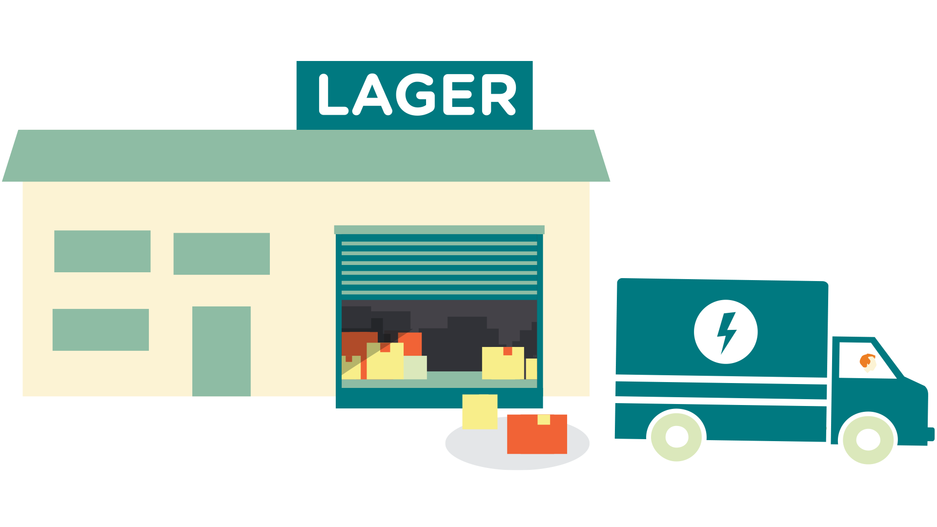 Ilustration: ett lager med en ellastbil utanför.