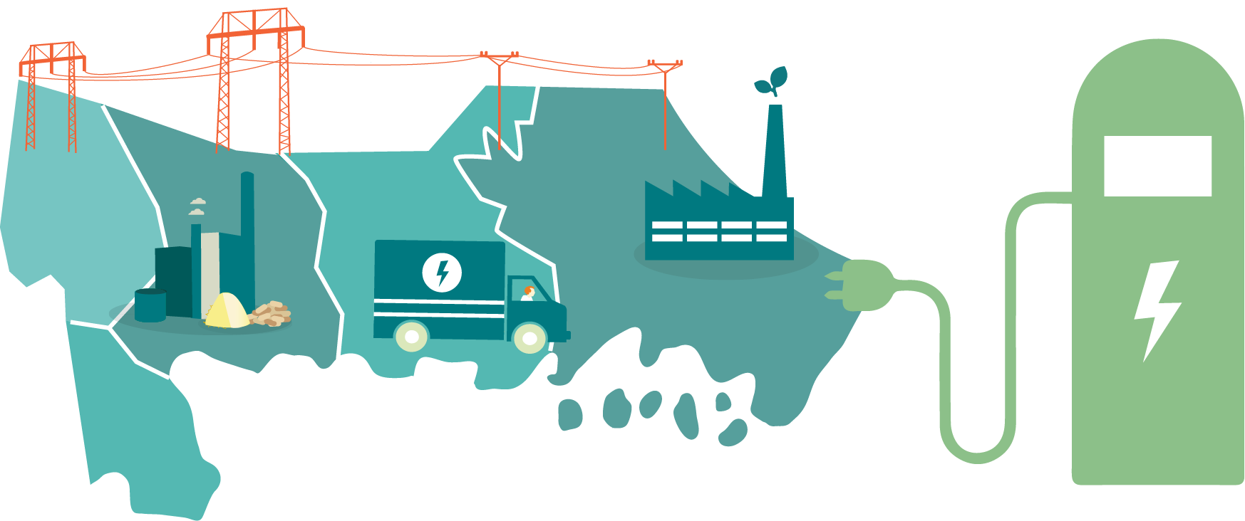Illustration: karta över Blekinge med elnät, elfordon och industrier.