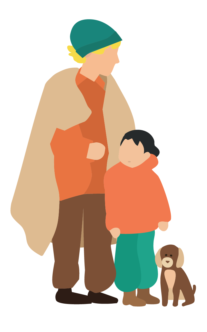 Frysande mamma, barn och hund.