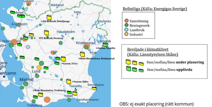 Karta som visar beviljade biogasanläggningar i Skåne.