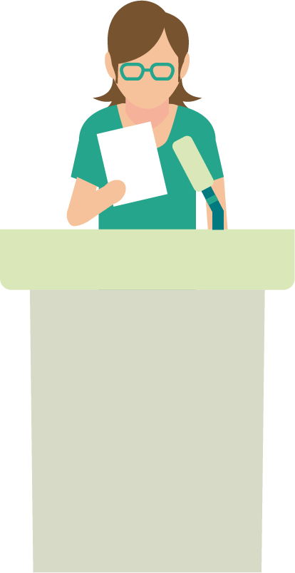 Illustration: kvinna vid podium.