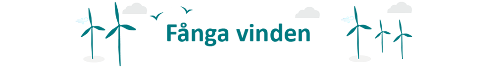 Illustration med vindkraftverk, moln och fåglar samt texten Fånga vinden.