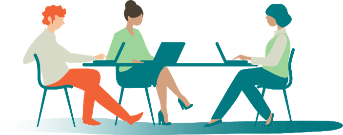 Illustration: tre personer med laptops vid ett bord.