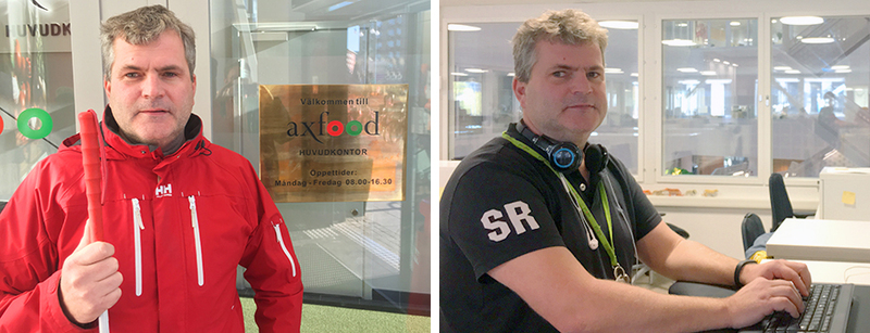 Bild på synskadade Johan Larsson som fick hjälp från LVI med arbetsplatsanpassning och nu kan arbeta heltid på Axfood.