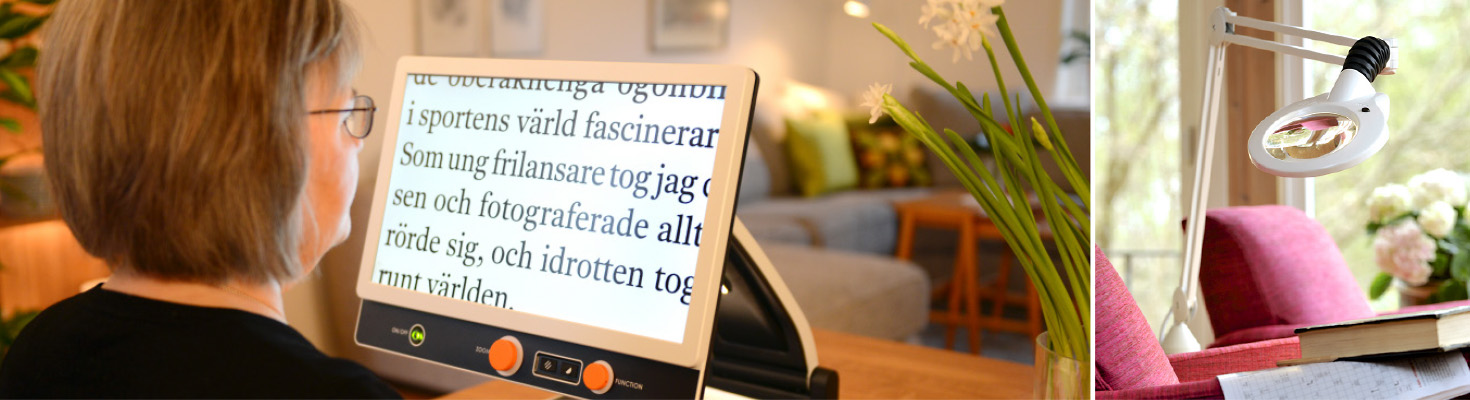 En ældre dame bruger et læsekamera til at læse avisen i sit hjem.