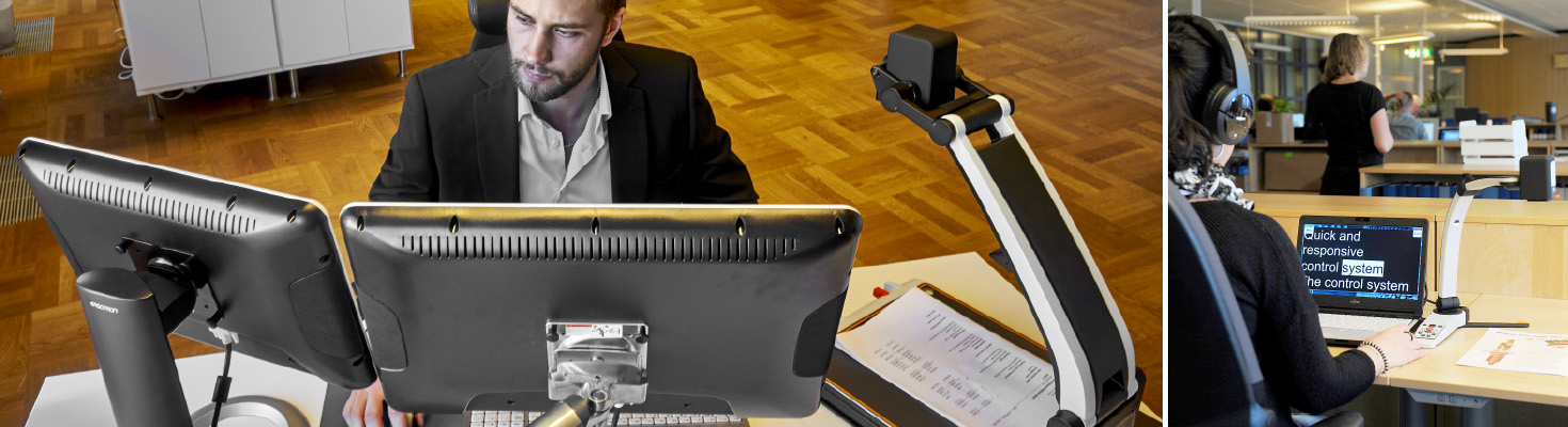 Zwei Bilder in einer Arbeitsumgebung. Eines, in dem ein Mann an seinem Schreibtisch sitzt und an Monitoren und einem MagniLink Pro arbeitet. Bei einem anderen nutzt ein Büroangestellter den MagniLink S.
