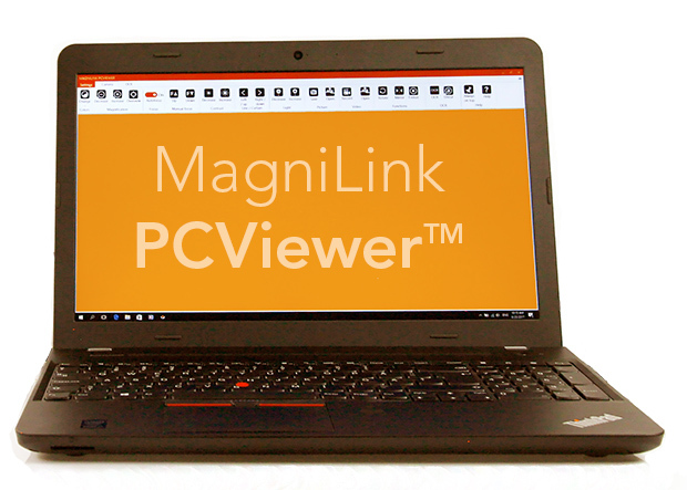 Bild på en PC med öppen skärm där MagniLink PCViewer och dess meny visas.
