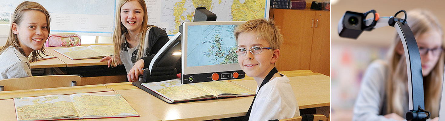 Deux photos, l'une d'une classe de trois élèves où l'un d'entre eux utilise la caméra de lecture MagniLink Zip pour regarder dans l'atlas. La seconde sur une fille utilisant MagniLink S Premium 2.