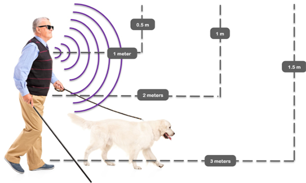 Illustreret billede af en mand med en førerhund og i hvilken afstand BuzzClip registrerer genstande.