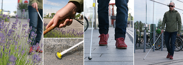 Collage of pictures of a man walking with a white cane.