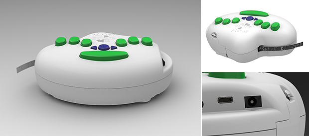 Tre olika bilder på 6DOT Braille label maker.