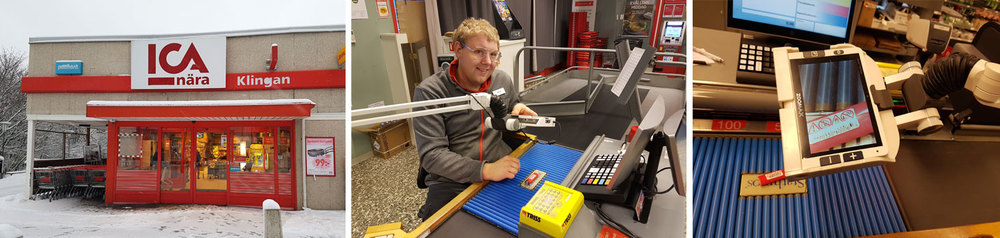 Albin vid sin arbetsplats på ICA i Sävsjö där han använder synhjälpmedlet för att läsa streckkoder i kassan.
