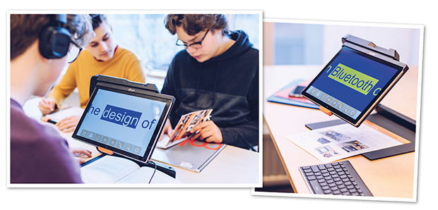 Kollage med två bilder där den ena visar tre killar i skolan där en kille med hörlurar lyssnar på OCR-bearbetad uppläst text i MagniLink TAB. Den andra bilden visar närbild på MagniLink TAB.