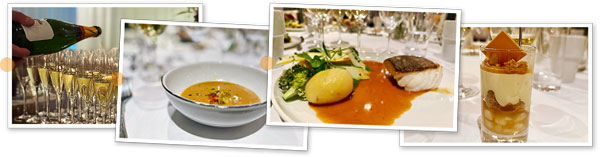 Fyra bilder från kvällens middag. Bild 1 visar champagneglas, Bild 2 visar en kräfsoppa i skål, bild 3 visar varmrätten som bestod av torskrygg med variation på broccoli och bild 4 visar PMs äppel- och karamelldessert i glas.