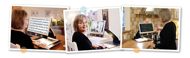 Tre bilder av en dam som använder MagniLink Zip i hemmet. För att läsa, titta på foton och för att läsa recept i köket. 