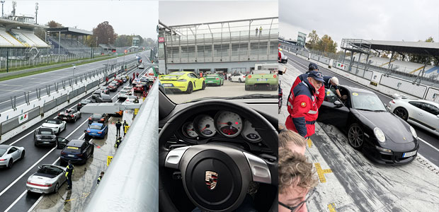 Tre bilder på högprestandabilar på Monzabanan.