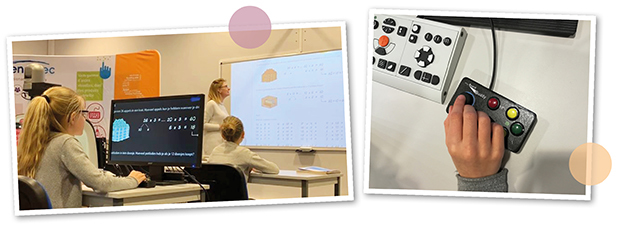 Två bilder. Den ena visar ett klassrum där en tjej använder sig av My Board Buddy för att ta del av lärarens presentation. Andra bilden visar kontrollpanelen.