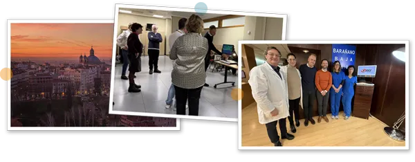 Three photos showing a sunset view of Madrid, a product demonstration at ONCE, and members of the AVS team together with staff from LVI.