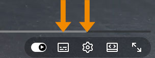 Bild, auf dem orangefarbene Pfeile die Symbole für Untertitel und Einstellungen im YouTube‑Videofenster markieren.