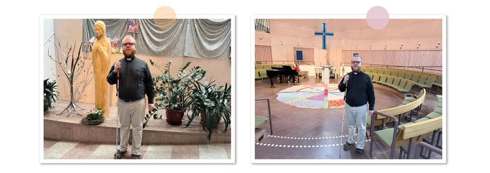 Två bilder. På den ena bilden står Linus med sin vita käpp, utanför kyrkorummet. På andra bilden står han inne i den runda kyrkosalen i Mariakyrkan. I taken ser man ett glaskors och i bakgrunden ser man altaret.