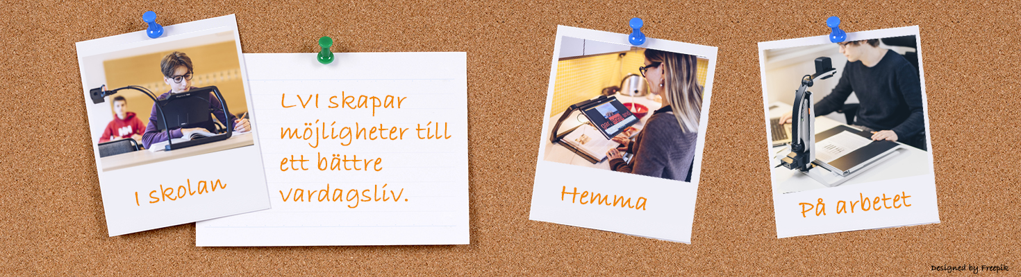 Bild på en anslagstavla i kork med bilder på hur personer med synnedsättning använder våra produkter i skolan, hemma och på jobbet.